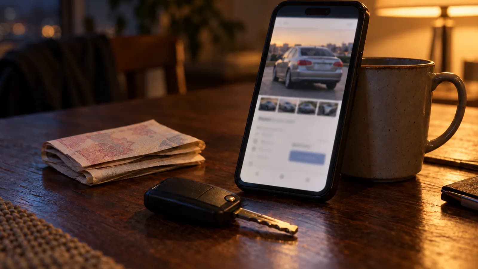 Masada ekranı bulanık bir ilan sayfası gösteren telefon ve bir deste banknot