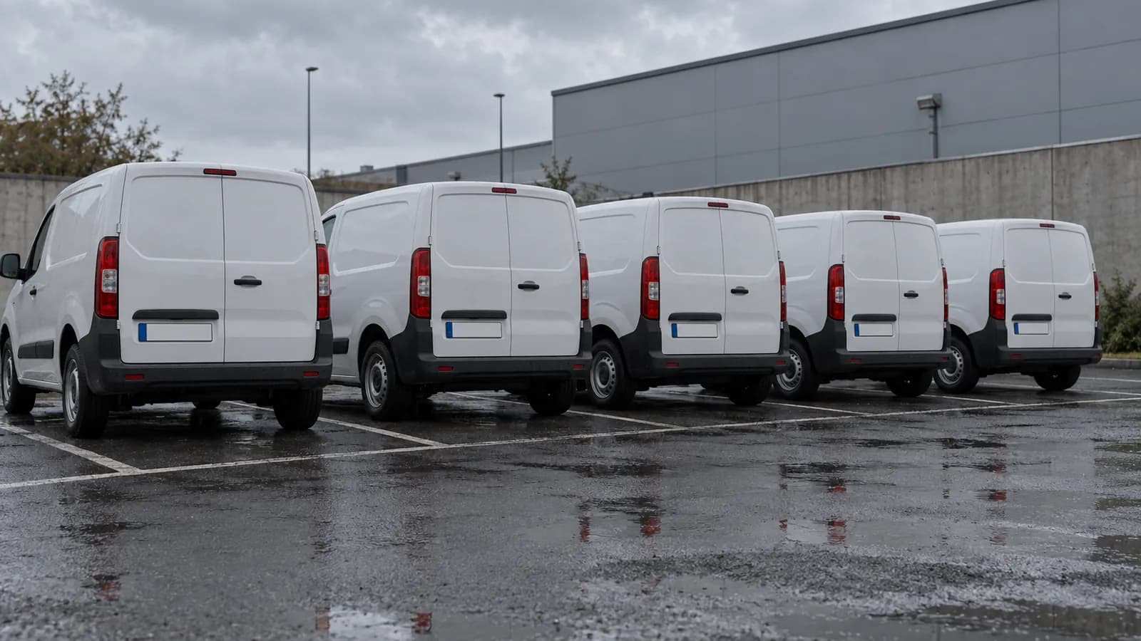 Bir şirket otoparkında yan yana park etmiş aynı renk hafif ticari araçlar
