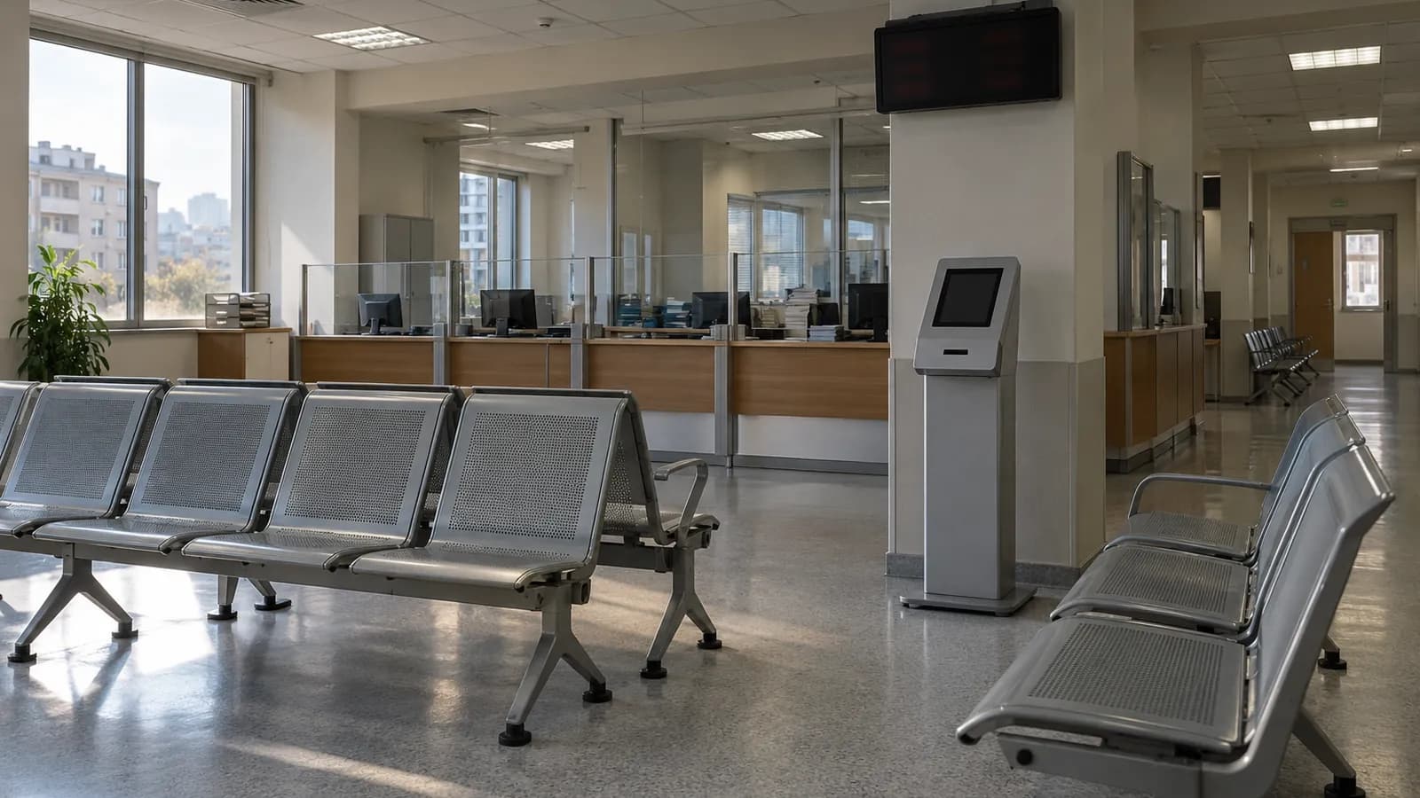 Bir kamu binasında sıra numaratörü ve boş bekleme sandalyeleri