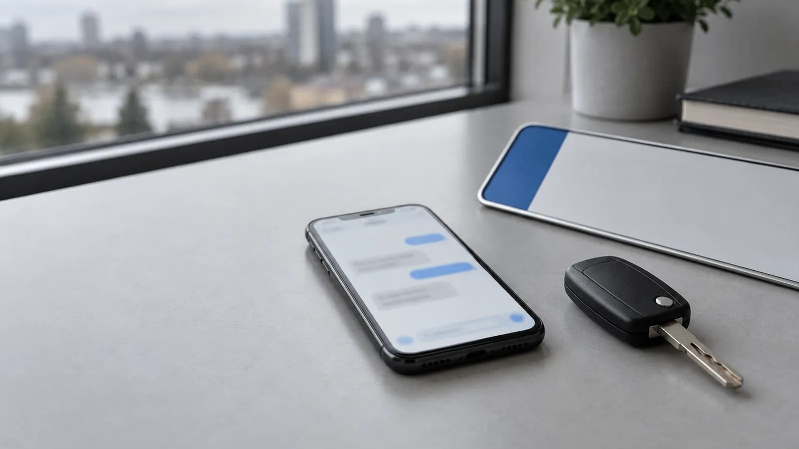 Araç anahtarının yanında ekranı bulanık bir SMS gösteren telefon